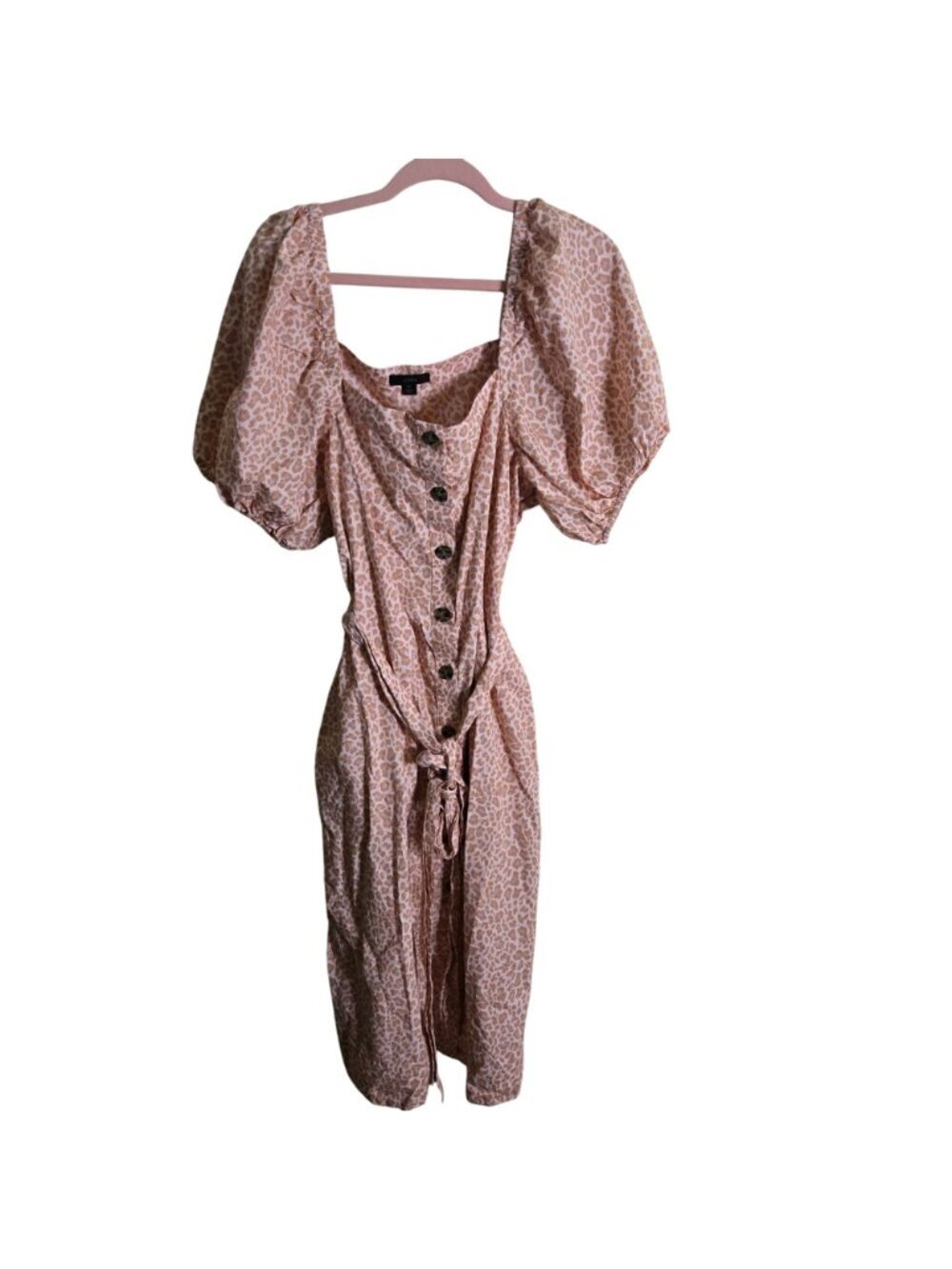J.Crew Cotton Dress Pink Leopard Tie Belt Square Neckline Button Front Size XL - Picture 2 of 10